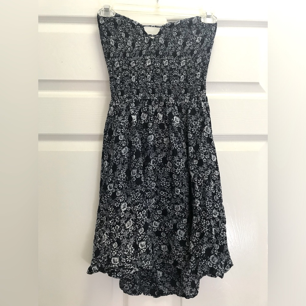 En Crème strapless navy blue print dress, size L
